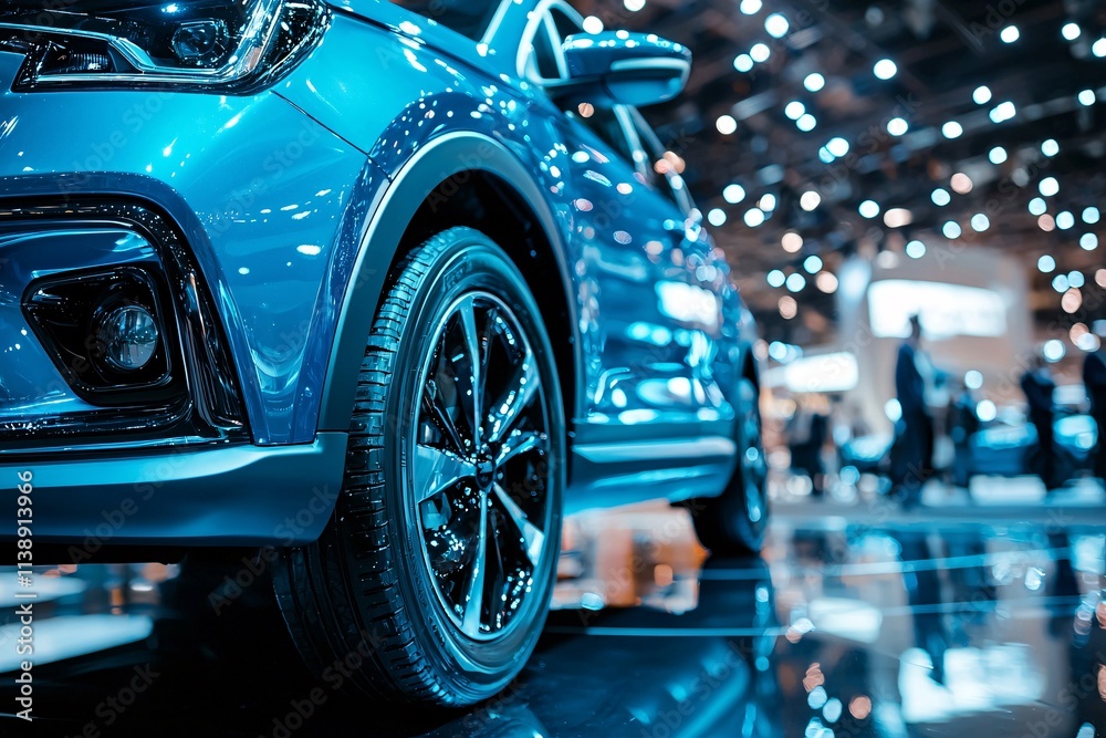 Fototapeta premium New Blue Car Closeup at Auto Show Automotive Industry
