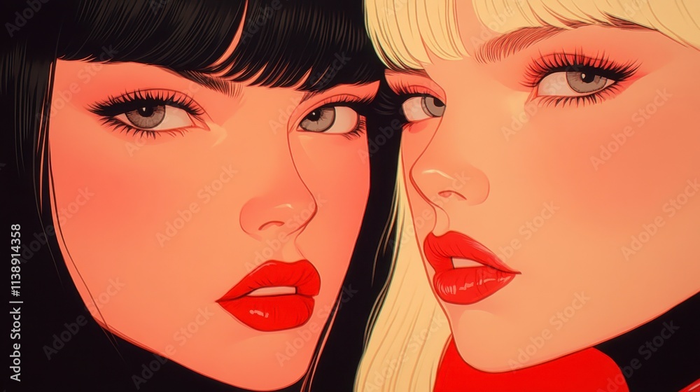 Smiling Women, Retro Anime Style Close-up Portrait Smiling Women, Retro Anime Style Close-up Portrait