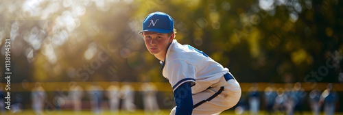A Focused Young Pitcher Ready to Deliver a Fastball on a Sunny Day at the Baseball Field with Enthusiastic Spectators in the Background