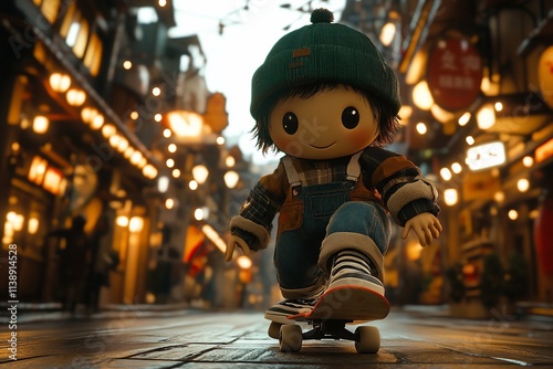 Wallpaper Mural Cute doll skateboarding down a vibrant, illuminated city street. Torontodigital.ca