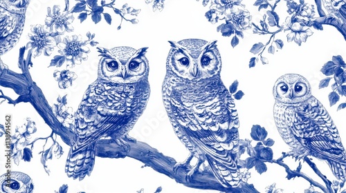Elegant Blue Owls Perched on Blooming Branches - Chinoiserie Wallpaper Design
