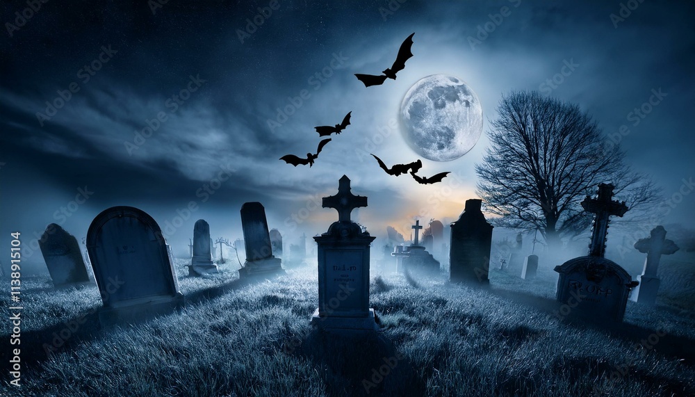 Halloween Background With Cemetery And Moon - Graveyard At Night - Spooky Cemetery With Moon In Cloudy Sky And Bats Halloween Background With Cemetery And Moon - Graveyard At Night - Spooky Cemetery With Moon In Cloudy Sky And Bats