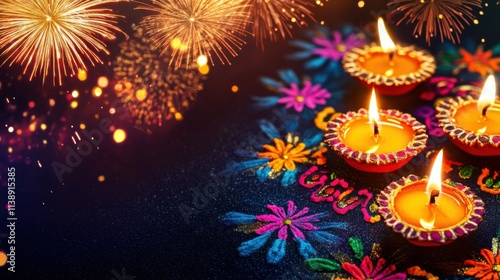 A vibrant Diwali Festival celebration with illuminated diyas and colorful rangoli patterns against a festive background of fireworks, wide shot, Festive style photo