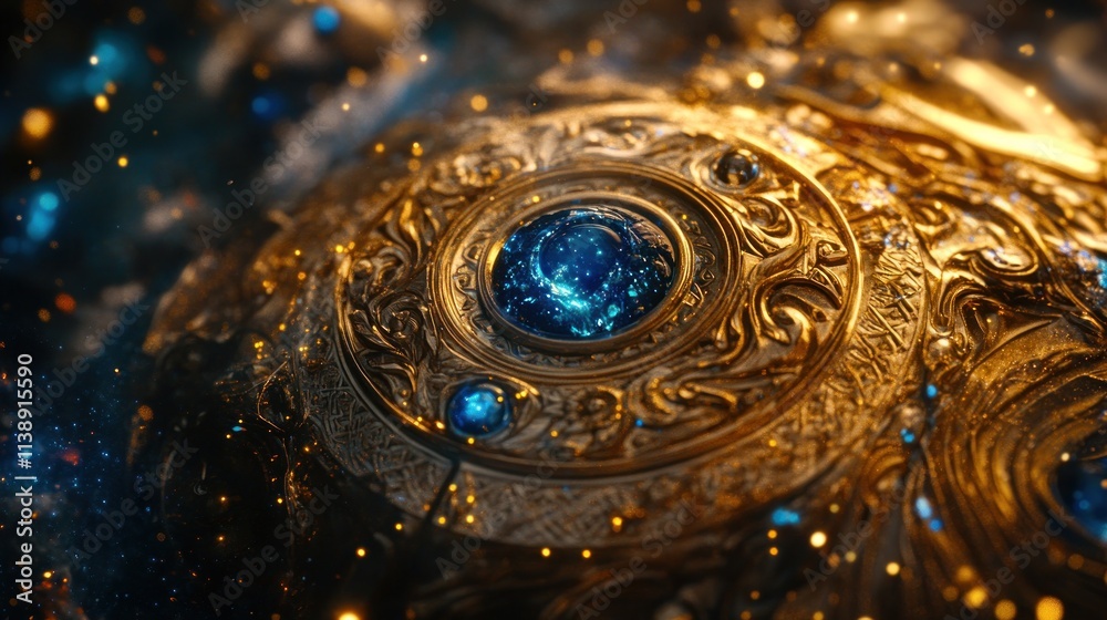 Ornate golden emblem with blue gems, sparkles. Ornate golden emblem with blue gems, sparkles.