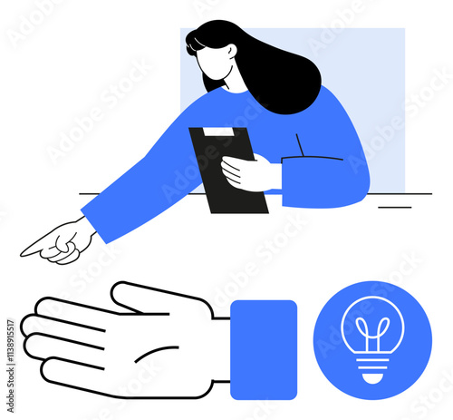 Woman holding clipboard and pointing, accompanied by an open hand and lightbulb symbol. Ideal for business, education, planning, creativity, guidance, management productivity themes. Line metaphor