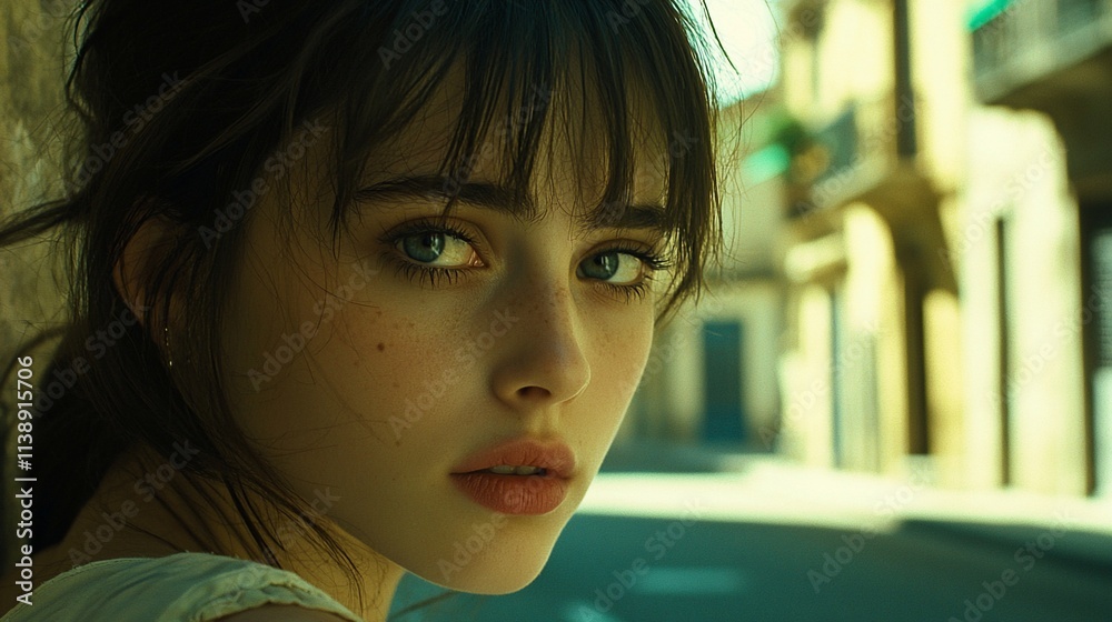 Close-up portrait of a young woman with blue eyes and freckles, looking over her shoulder. Close-up portrait of a young woman with blue eyes and freckles, looking over her shoulder.