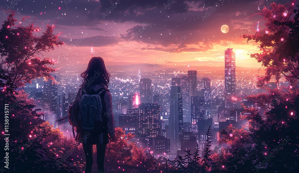 A young woman with a backpack gazes at a breathtaking cityscape at sunset. Pink and purple hues paint the sky as glowing lights illuminate the city below. A young woman with a backpack gazes at a breathtaking cityscape at sunset. Pink and purple hues paint the sky as glowing lights illuminate the city below.
