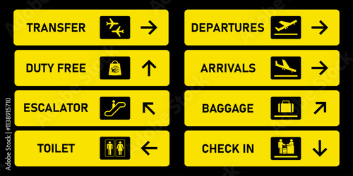 Airport sign isolated on white background. Airport board airline sign, departures, arrivals, check in, baggage information. Vector stock