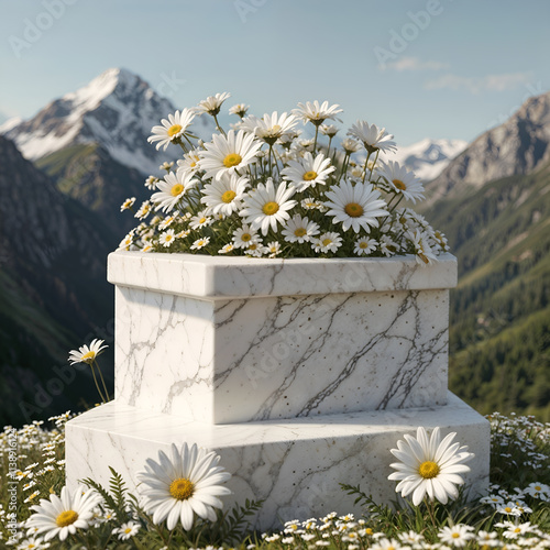 A close-up marble platform topped with white daisies and surrounded by scenic mountains, ideal for product branding and displays. Generative AI photo