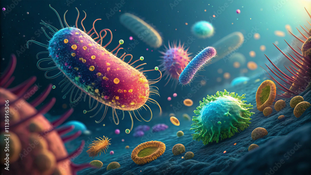 3d rendered illustration of a virus Illustration showcasing gut flora's role in health within the human intestinal lining 3d rendered illustration of a virus Illustration showcasing gut flora's role in health within the human intestinal lining