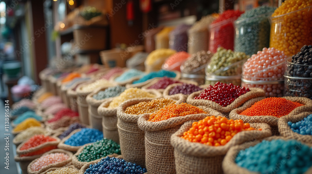 Fototapeta premium Beads in various colors and sizes in large bags at the market