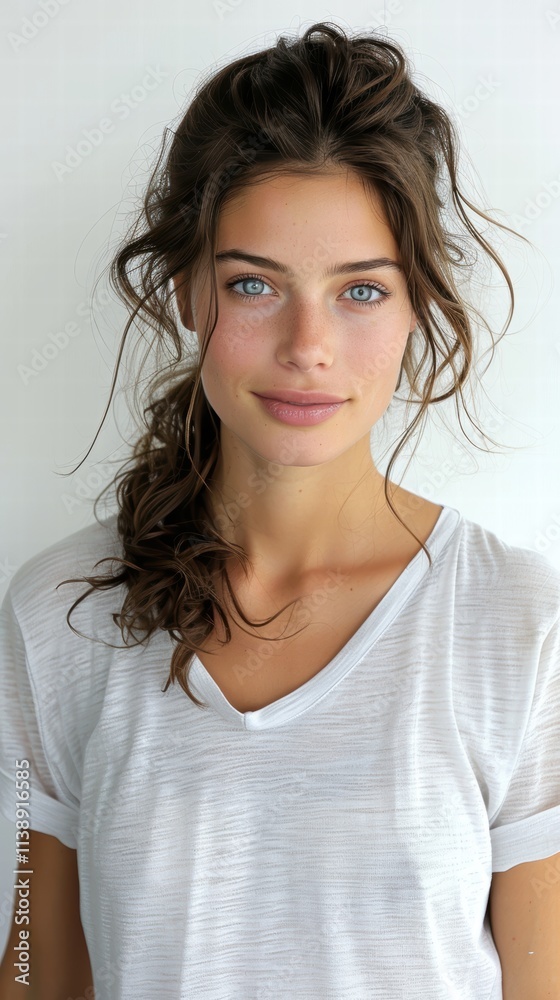 Model with minimal makeup and a relaxed expression, positioned on a white background for a natural, effortless beauty style . Model with minimal makeup and a relaxed expression, positioned on a white background for a natural, effortless beauty style .