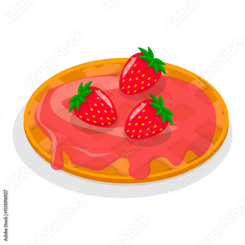 3D Isometric Flat Vector Illustration of Homemade Pastry, Assorted Belgian Waffles with Fresh Berries, Cream, and Icecream. Item 8