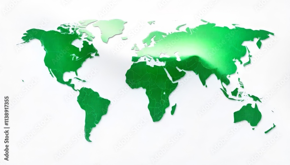 Vivid Green World Map Silhouette Against White Background