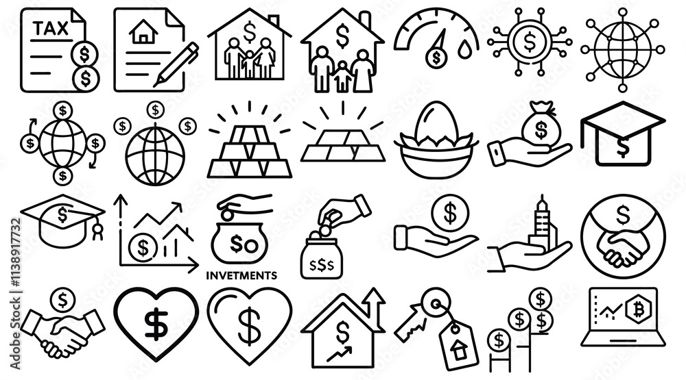 Fototapeta premium Financial and Investment Icons Set: Money Management, Real Estate, Savings, Loans, Tax, Stocks, and Economic Growth Symbols
