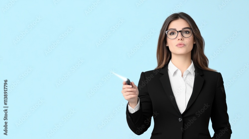 Professional woman in glasses presenting with a pointer. Professional woman in glasses presenting with a pointer.