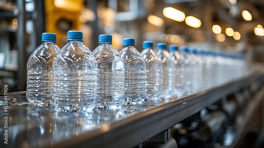 Empty plastic water bottles on conveyor belt in factory. Empty plastic water bottles on conveyor belt in factory.