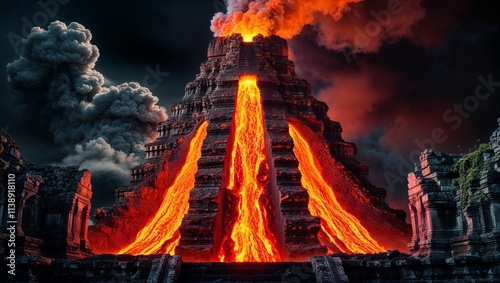 An ancient stone temple erupts with flowing molten lava and hyper realistic flames under a dark, stormy sky. photo