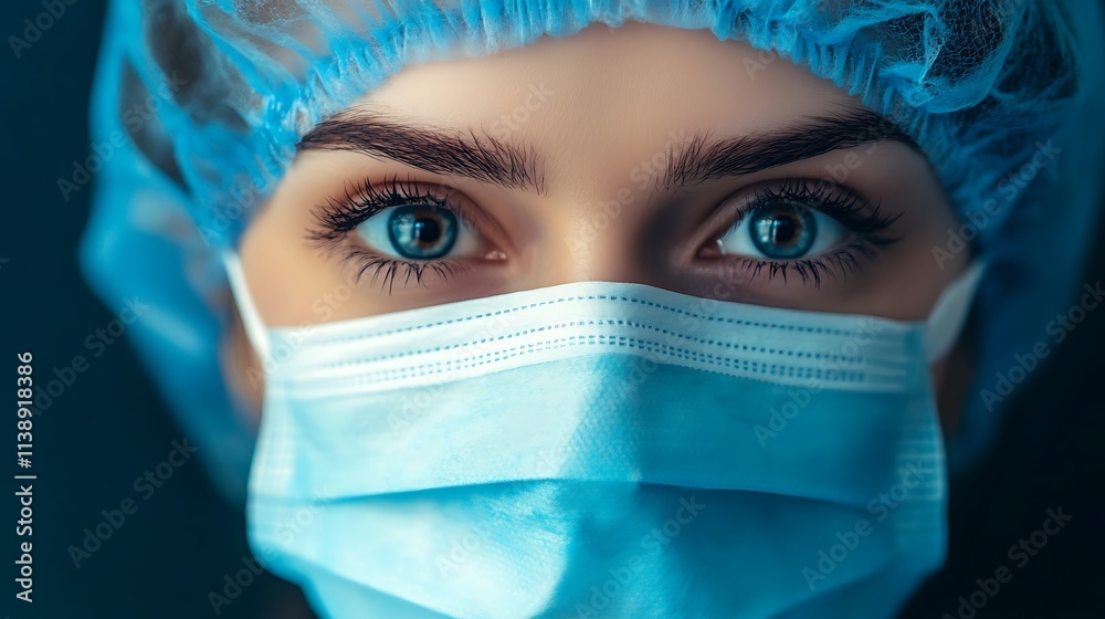 Focused Doctor or Nurse with Protective Gear. Concept of Healthcare, Professionalism, and Dedication. Focused Doctor or Nurse with Protective Gear. Concept of Healthcare, Professionalism, and Dedication.
