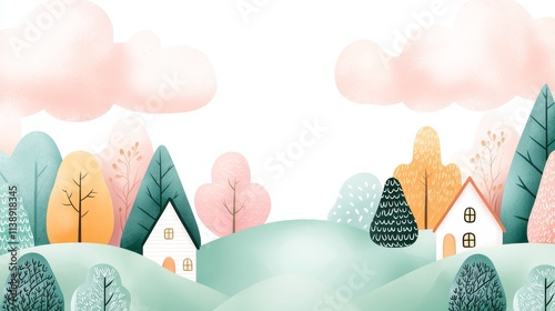 Wallpaper Mural Abstract doodle landscape with rolling hills, fantasy trees, and cute houses in a harmonious mix of soft and bright hues Torontodigital.ca