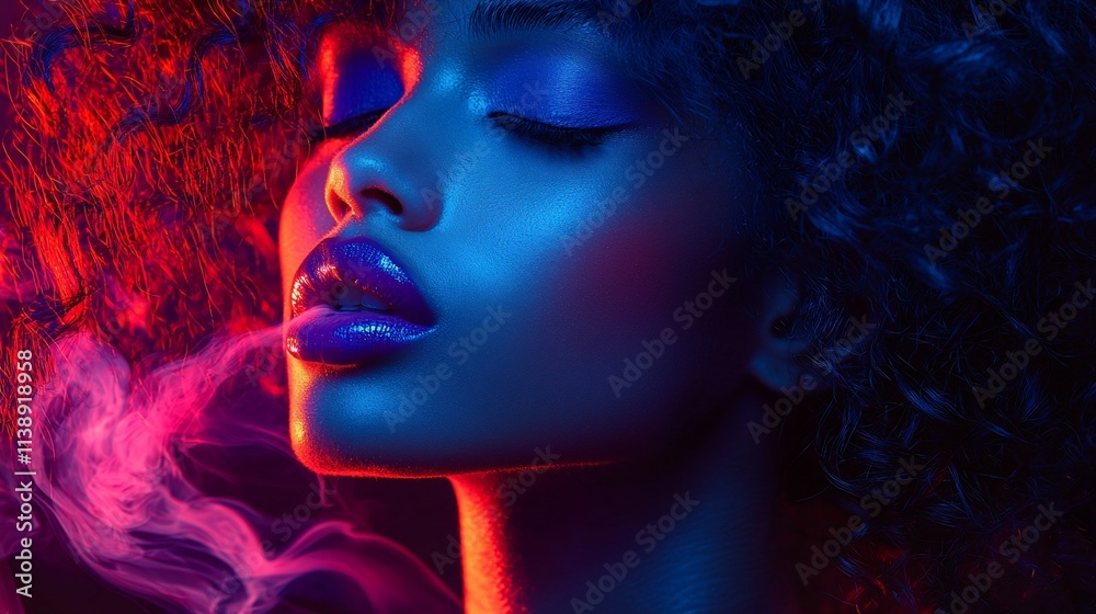 Close-up portrait of a woman with vibrant makeup and curly hair, exhaling smoke under dramatic lighting. Close-up portrait of a woman with vibrant makeup and curly hair, exhaling smoke under dramatic lighting.