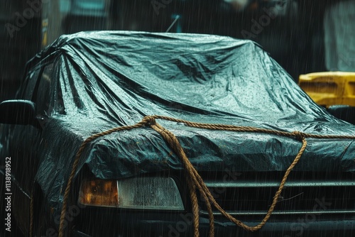 Rain-soaked vehicle, covered, secured by rope.