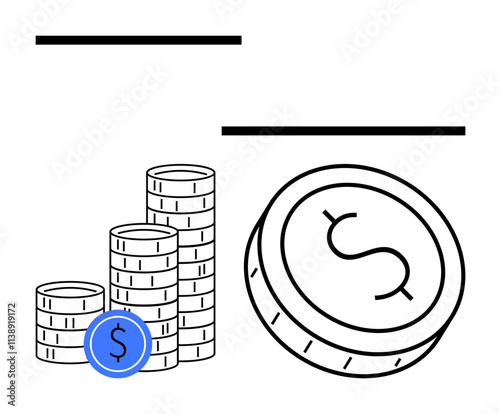 Stacks of coins increasing in height from left to right, a large coin with a dollar sign, and horizontal lines above. Ideal for financial growth, savings, investments, wealth, banking, economics