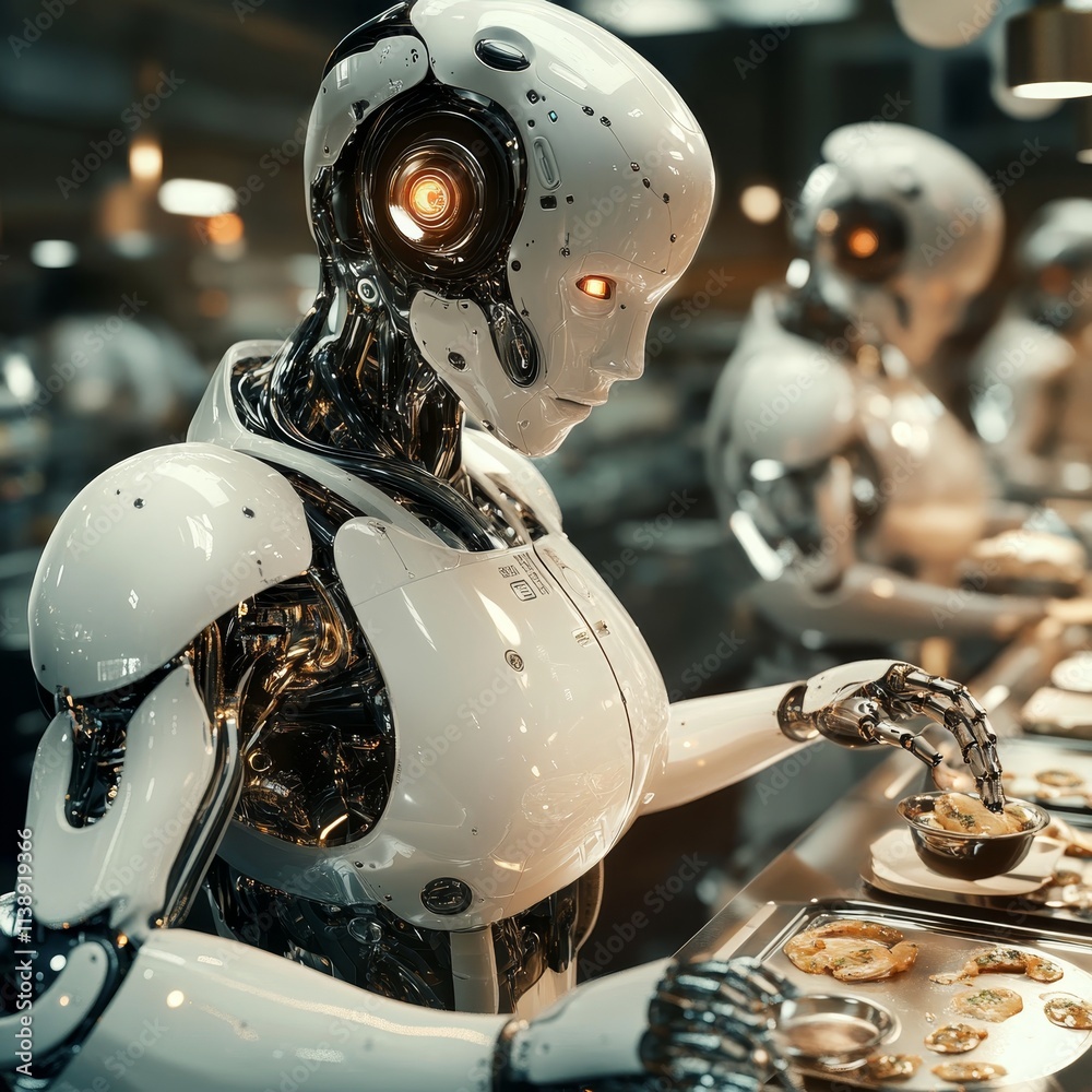 Robot Chef Plating Gourmet Dishes in a Restaurant Kitchen, Future of Culinary Automation Robot Chef Plating Gourmet Dishes in a Restaurant Kitchen, Future of Culinary Automation