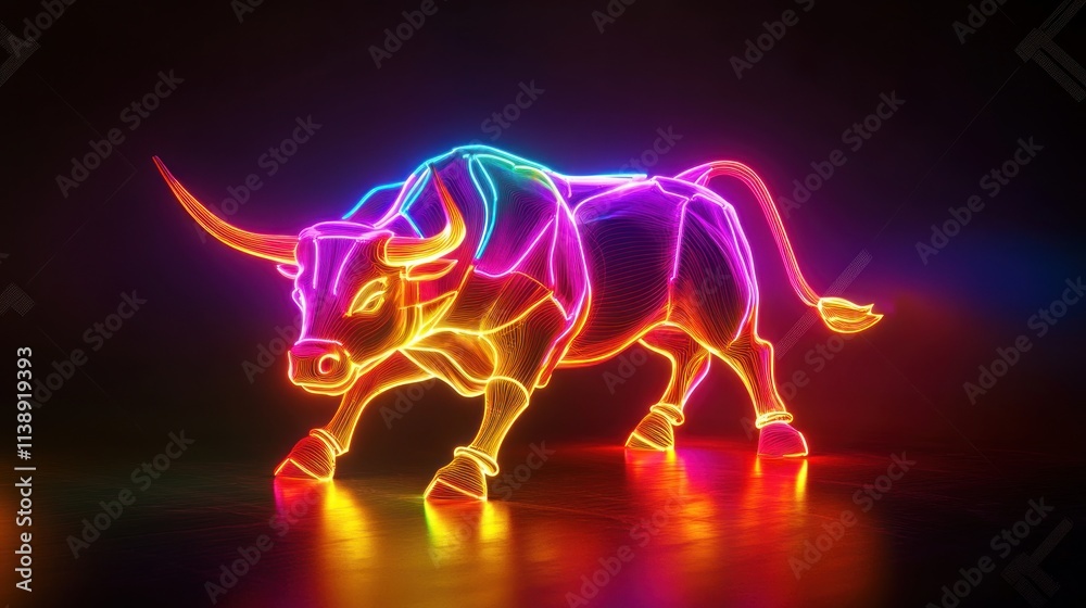 Neon bull with colorful lines, dark background.