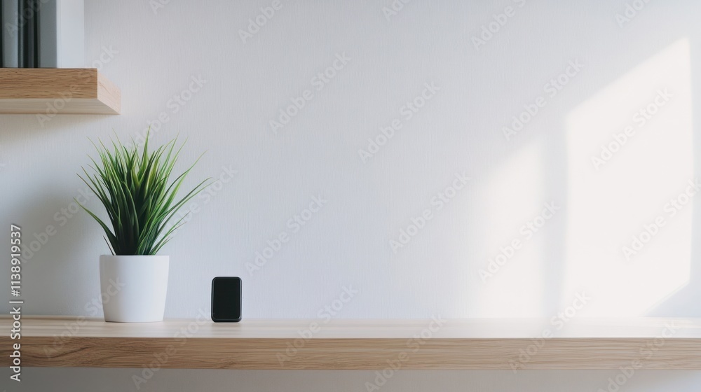 Minimalist workspace with plant, phone, and sunlight on wooden shelf against white wall. Minimalist workspace with plant, phone, and sunlight on wooden shelf against white wall.