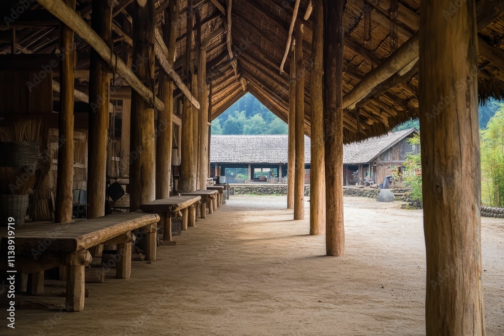 Wooden structure, long benches, thatched roof, open-air space. Wooden structure, long benches, thatched roof, open-air space.