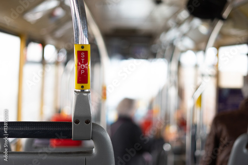 Interior of public transport bus with emphasis on the stop button.Lisbon-Portugal.