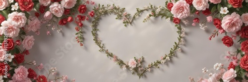 Elegant heart framed by blooming flowers on paper backdrop, bloom, craft