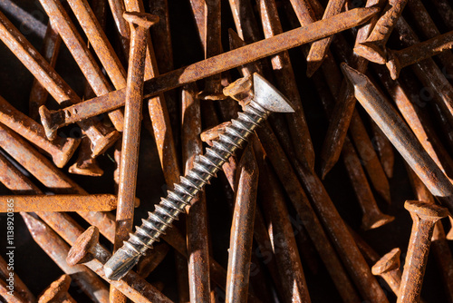 Fotografi Rusty iron nails piled up in disarray and a new chrome on top