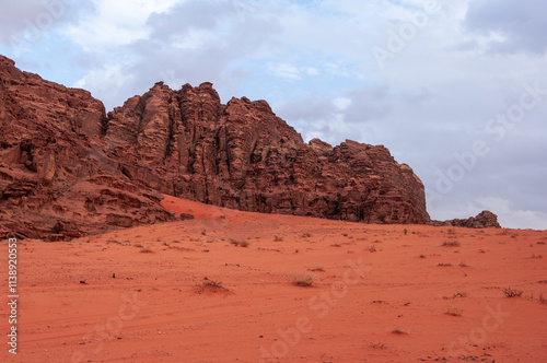 A desert landscape with a large rock formation in the background