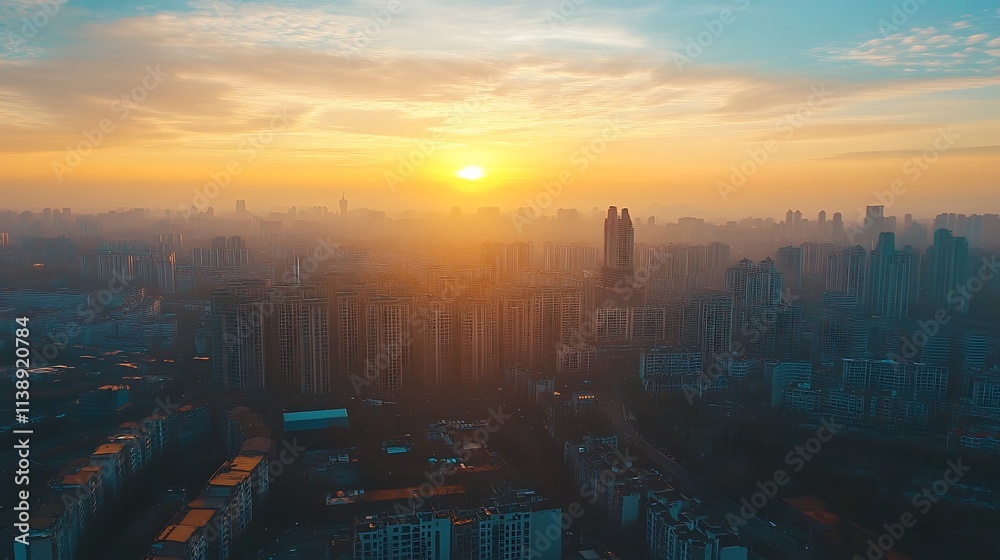 Fototapeta premium Sunrise over a sprawling city skyline. Urban landscape at dawn.