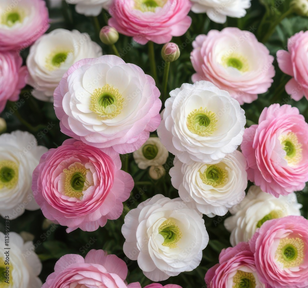 Fototapeta premium Cluster of pink and white ranunculus, soft focus , floralphotography, elegant, floral