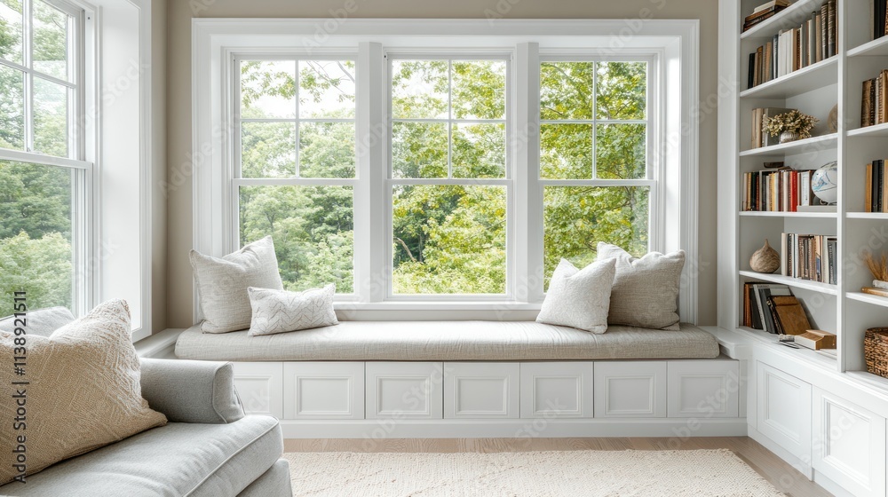 Fototapeta premium Cozy window seat with built-in storage in a bright room.