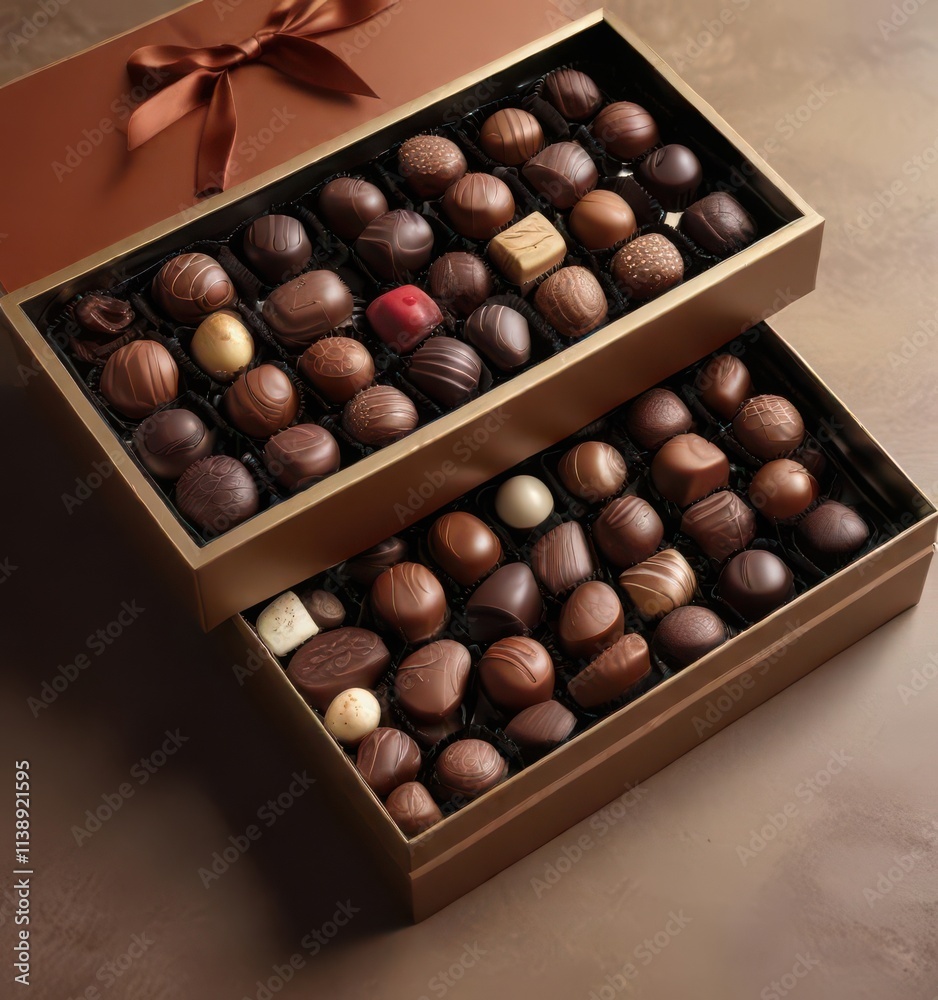 Assorted chocolates in elegant box, rich brown background, high-quality, brown backdrop, white Assorted chocolates in elegant box, rich brown background, high-quality, brown backdrop, white