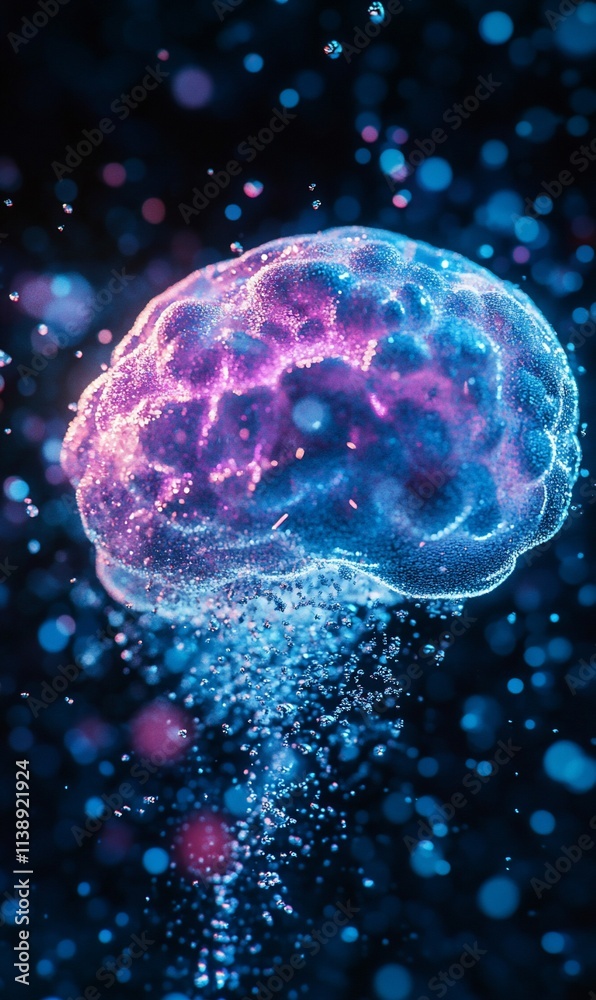 Glowing brain with particles on dark background. Glowing brain with particles on dark background.