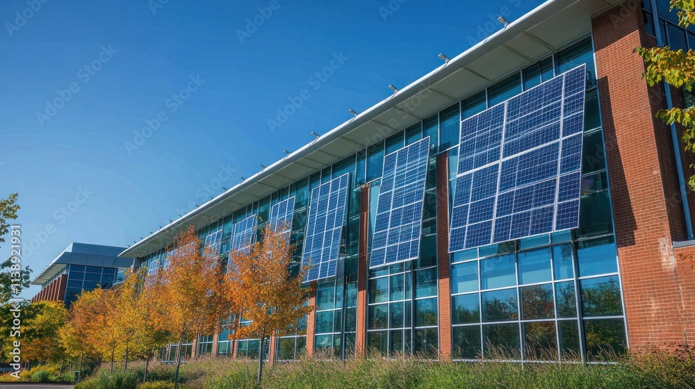 Sustainable Modern Building with Solar Panels Sustainable Modern Building with Solar Panels