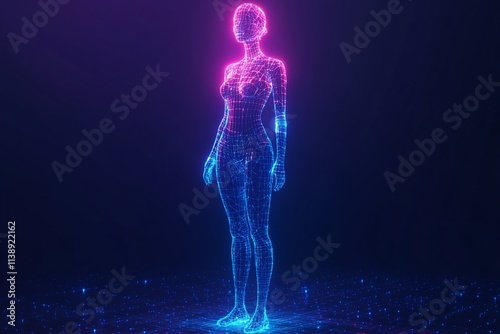 Glowing polygonal female figure on dark background.