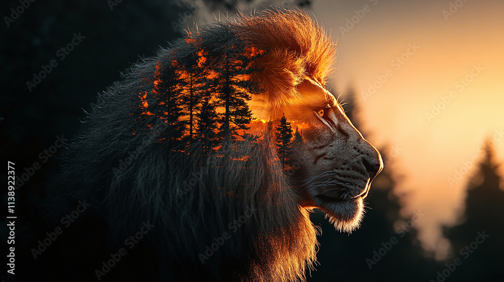 Naklejka premium Majestic Lion Portrait Envisioned within Lush Forest Background