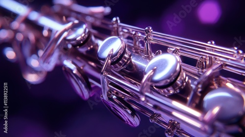 Close-up view of a silver oboe with purple background.