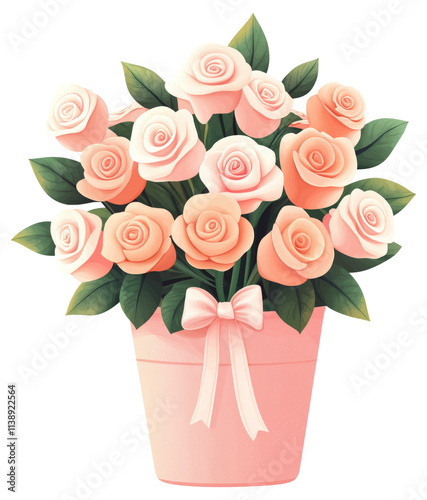 Pink roses arranged beautifully in a decorative pot with green leaves isolated on transparent background.