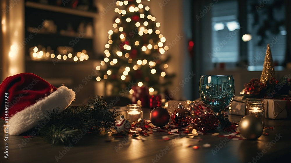 Holiday table with decor and tree. Holiday table with decor and tree.