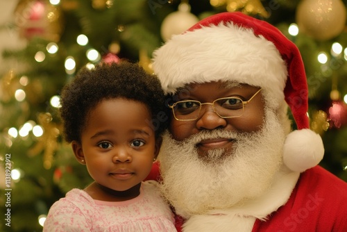 Santa lap with beautiful child boy. Santa claus with cute black child boy with slight smile emotion. Smiling santa claus with child. Christmas santa baby happiness. Christmas santa child smil.
