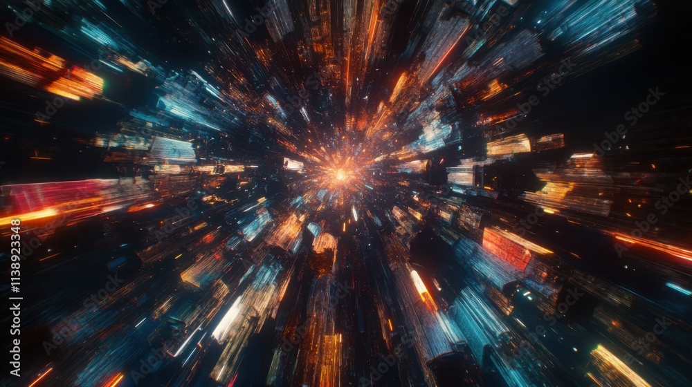 A Stunning Abstract Explosion of Light and Color, Depicting a Futuristic Cityscape Pulsating with Energy, Motion and Vivid Digital Vibrancy in a Cosmic Space Environment A Stunning Abstract Explosion of Light and Color, Depicting a Futuristic Cityscape Pulsating with Energy, Motion and Vivid Digital Vibrancy in a Cosmic Space Environment