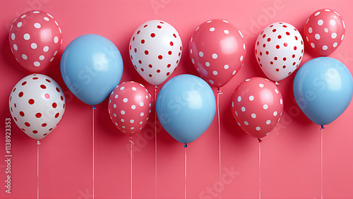 Colorful balloons with polka dots on pink background, top view