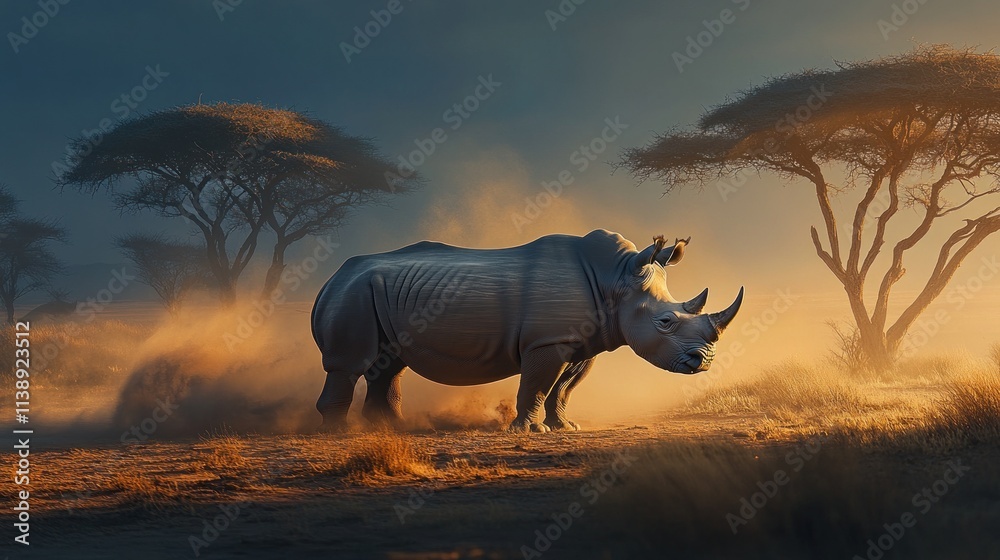 Fototapeta premium Rhino walking savanna dust, golden sunset.